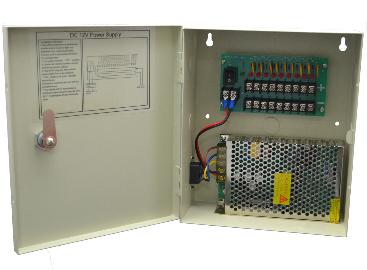Professional 12V DC 10A 9 Channel Boxed CCTV Power Supply Unit